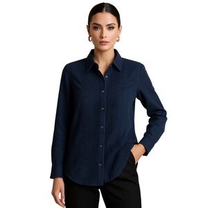 Navy Linen Eyelet Button Down Shirt Classic Minimalist‎ Chic Quiet Luxury M